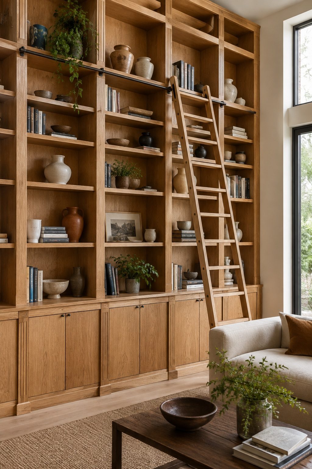 Biblioteca din stejar masiv, pe tot peretele unui living luminos