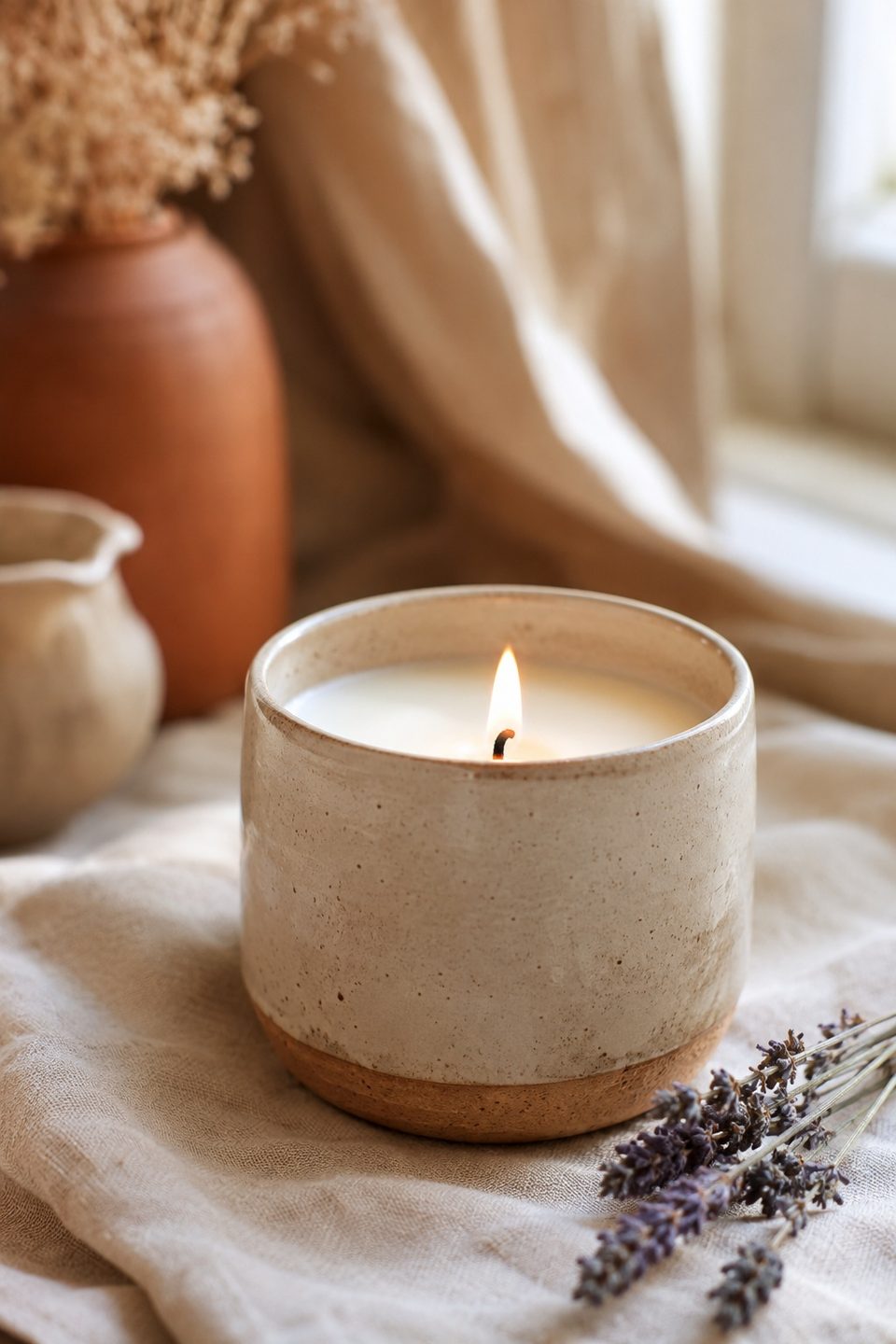 Lumânare de ceară de soia într-un vas de ceramică lucrat manual