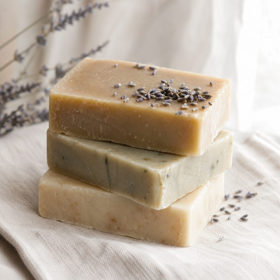Săpunuri handmade stivuite pe o pânză de in
